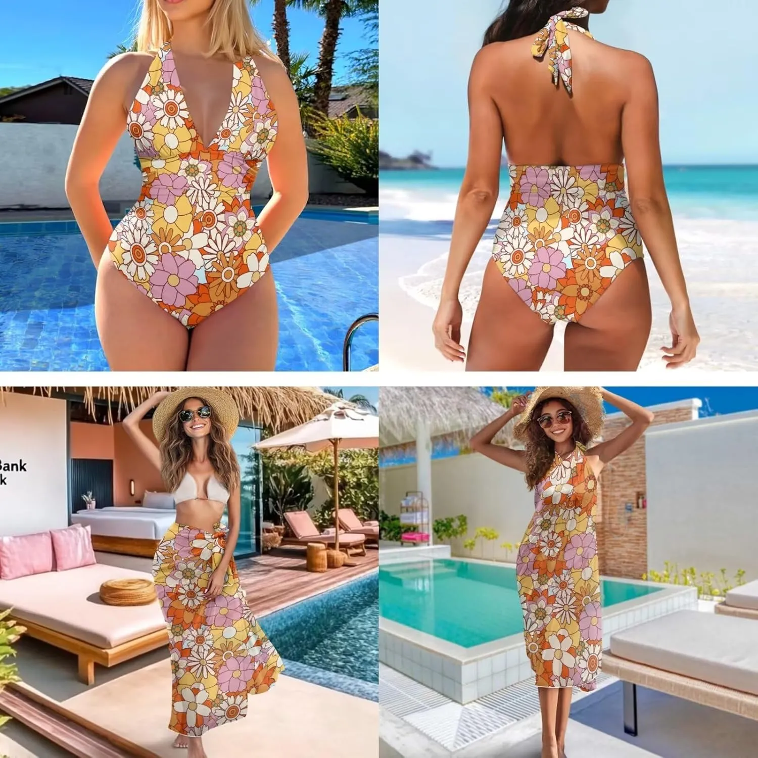 Women One Piece Swimsuit with Cover Up Sets Wrap Skirt Sarong Bathing Suit Swimwear Beach Outfit for Summer
