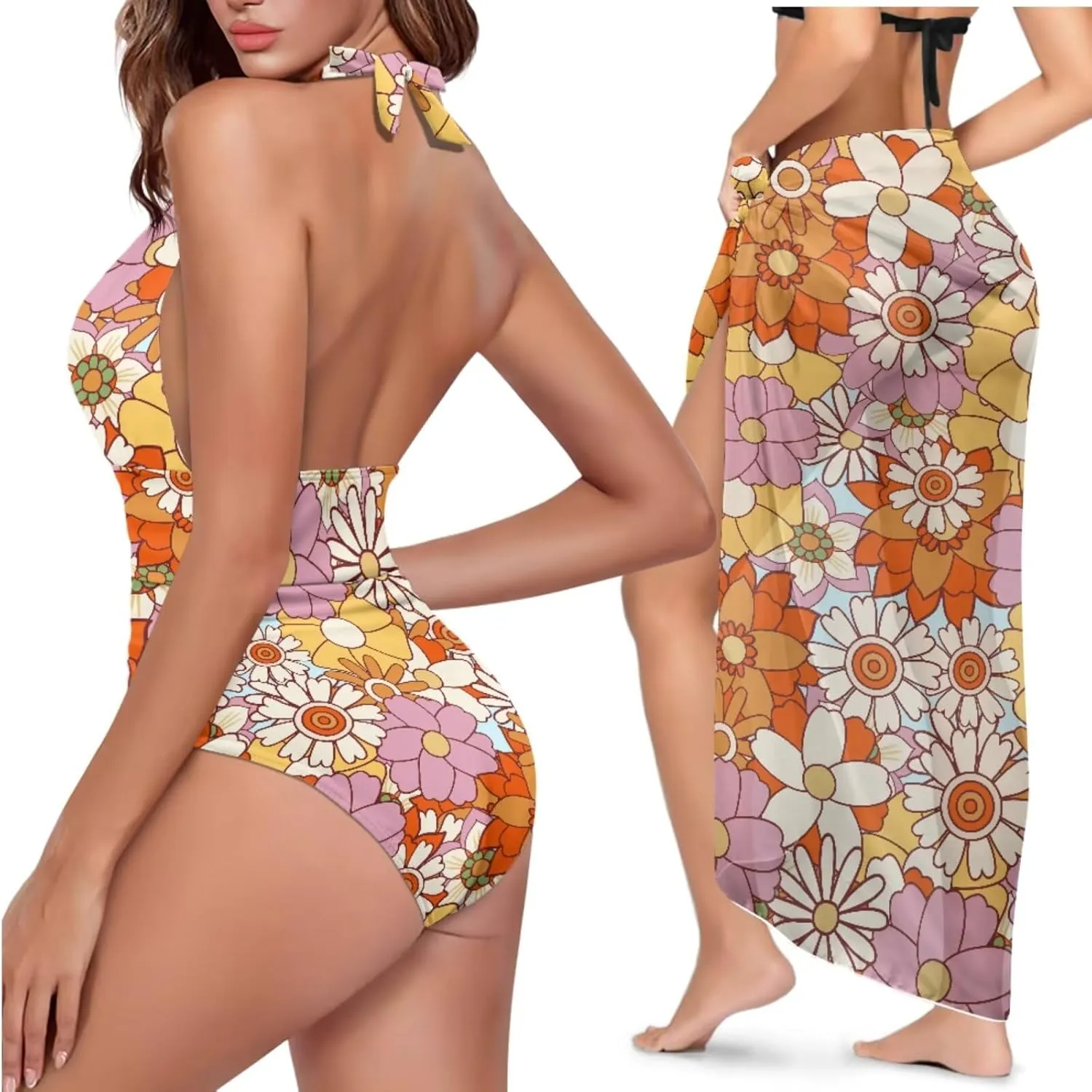 Women One Piece Swimsuit with Cover Up Sets Wrap Skirt Sarong Bathing Suit Swimwear Beach Outfit for Summer