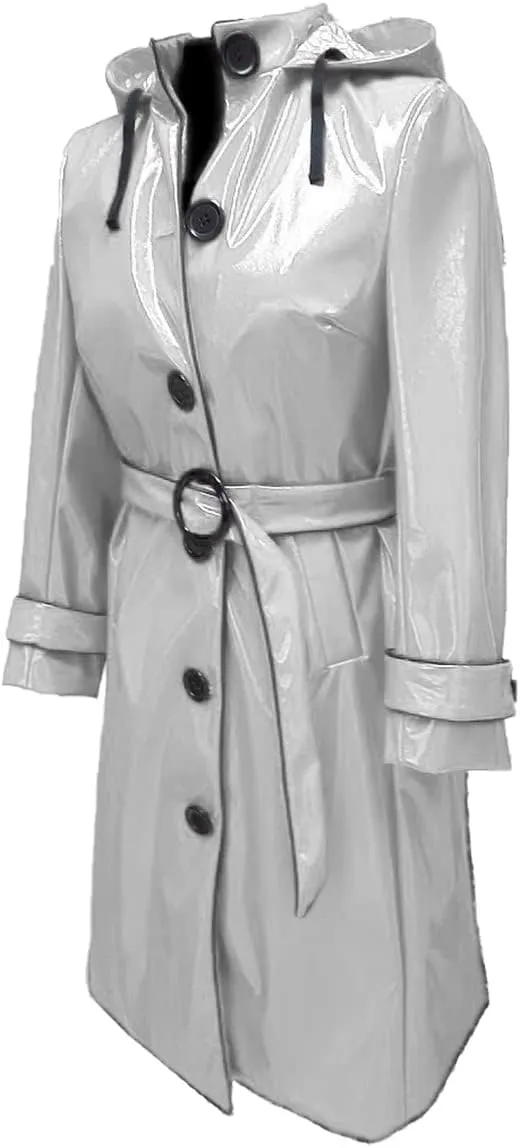 Women PVC Shiny Leather Hooded Light Weighted Raincoat Stylish Trench Long Coat