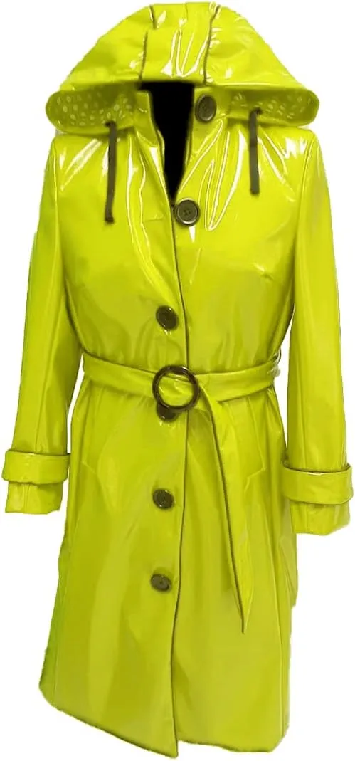 Women PVC Shiny Leather Hooded Light Weighted Raincoat Stylish Trench Long Coat