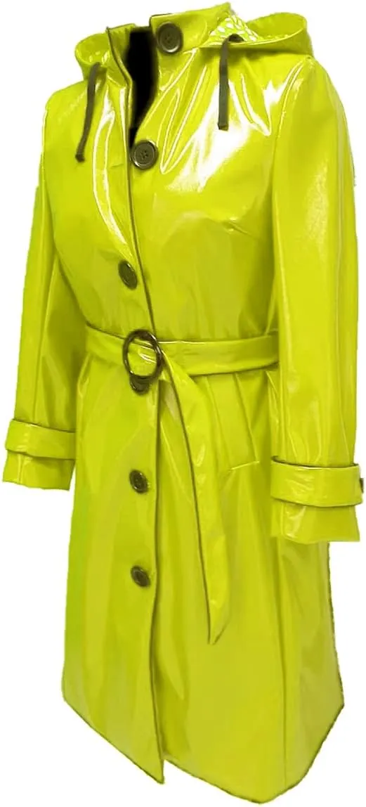 Women PVC Shiny Leather Hooded Light Weighted Raincoat Stylish Trench Long Coat