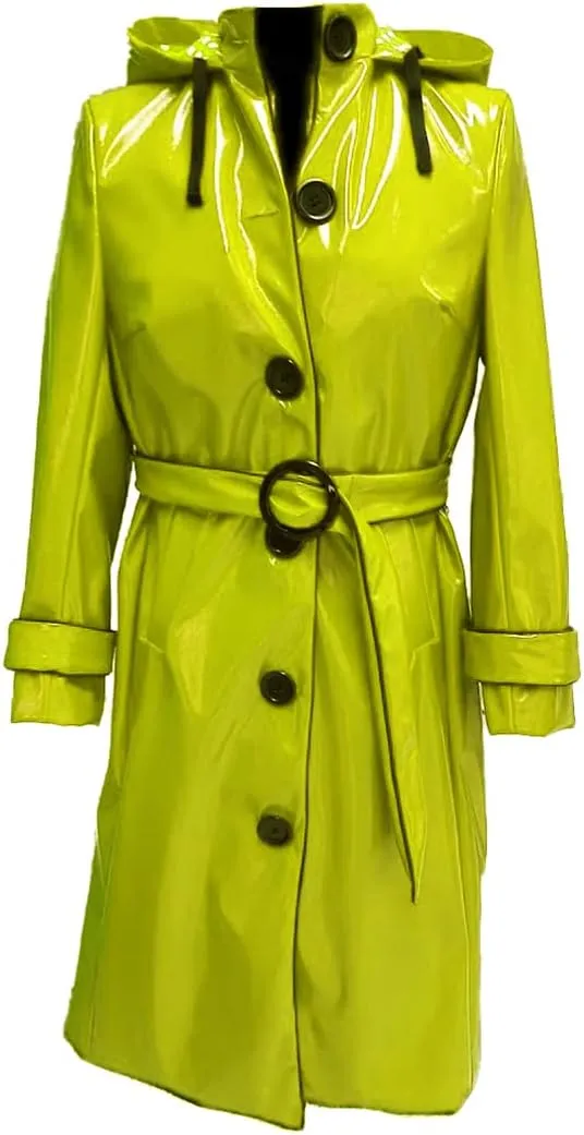 Women PVC Shiny Leather Hooded Light Weighted Raincoat Stylish Trench Long Coat