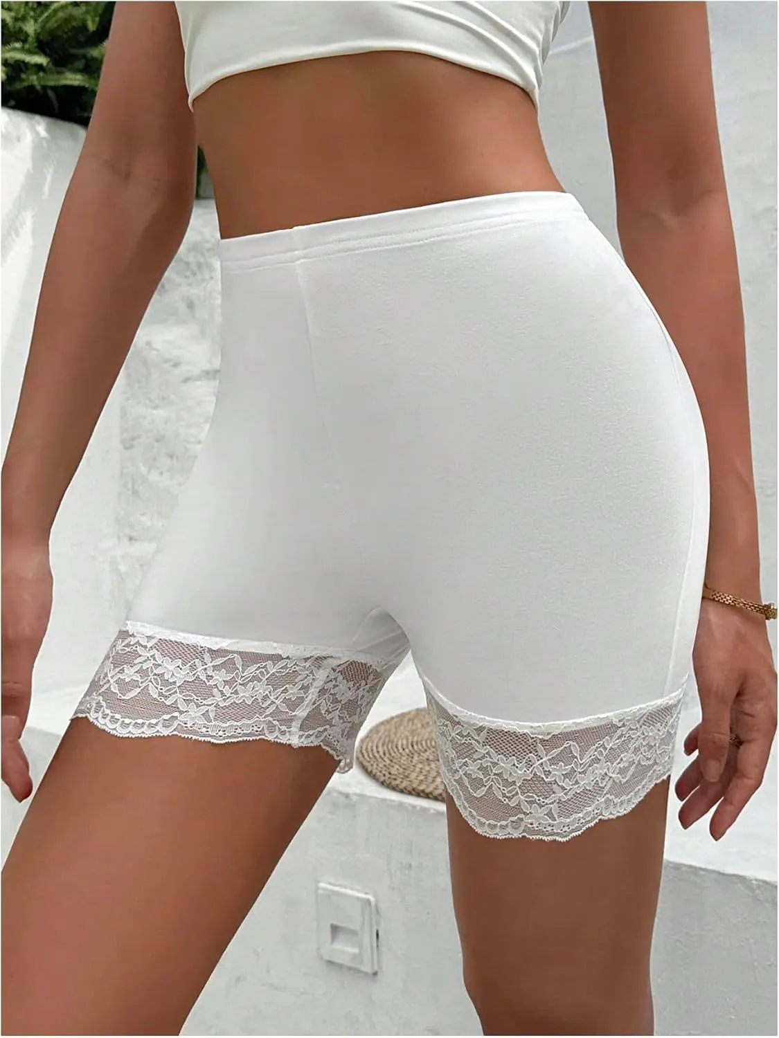 Women's 2 Piece Lace Trim High Waisted Slip Shorts Stretchy Casual Legging Shorts