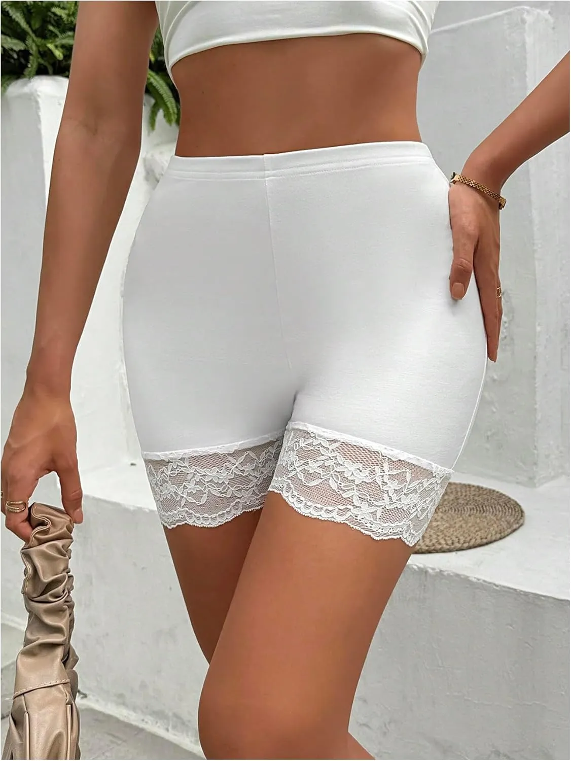 Women's 2 Piece Lace Trim High Waisted Slip Shorts Stretchy Casual Legging Shorts