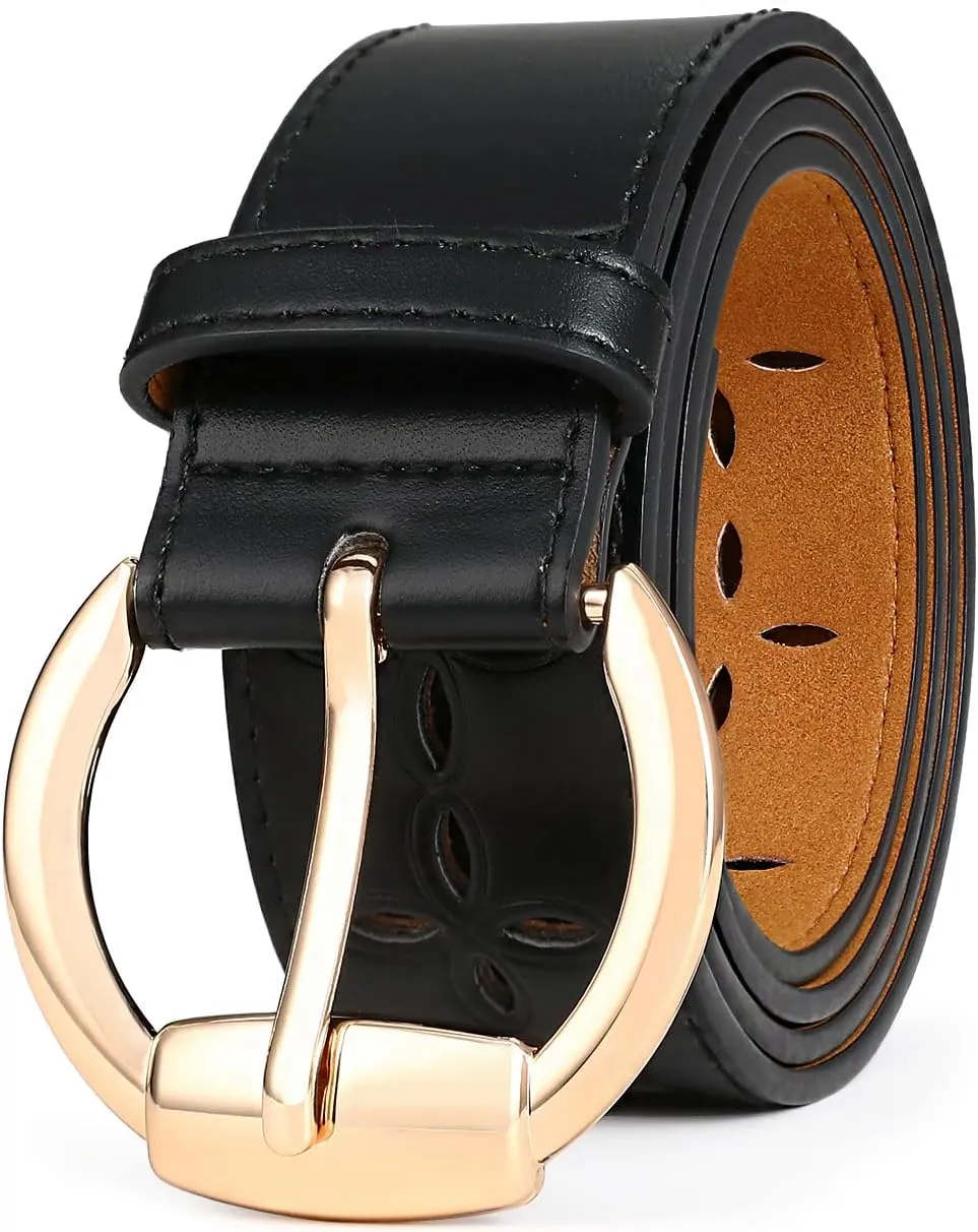 Women's Black Leather Belt with Gold Buckle Hollow Women's Belt Stylish Accessory for Dresses Skirts Jeans