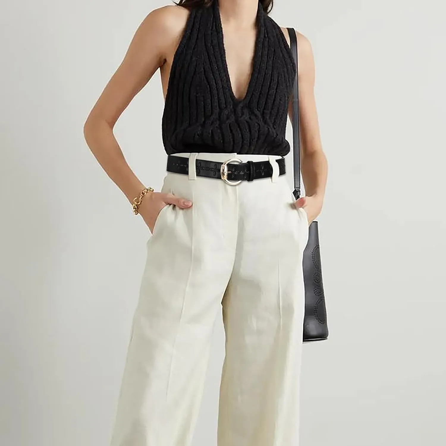 Women's Black Leather Belt with Gold Buckle Hollow Women's Belt Stylish Accessory for Dresses Skirts Jeans