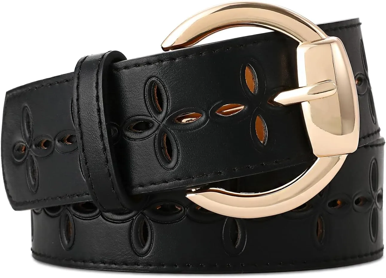 Women's Black Leather Belt with Gold Buckle Hollow Women's Belt Stylish Accessory for Dresses Skirts Jeans