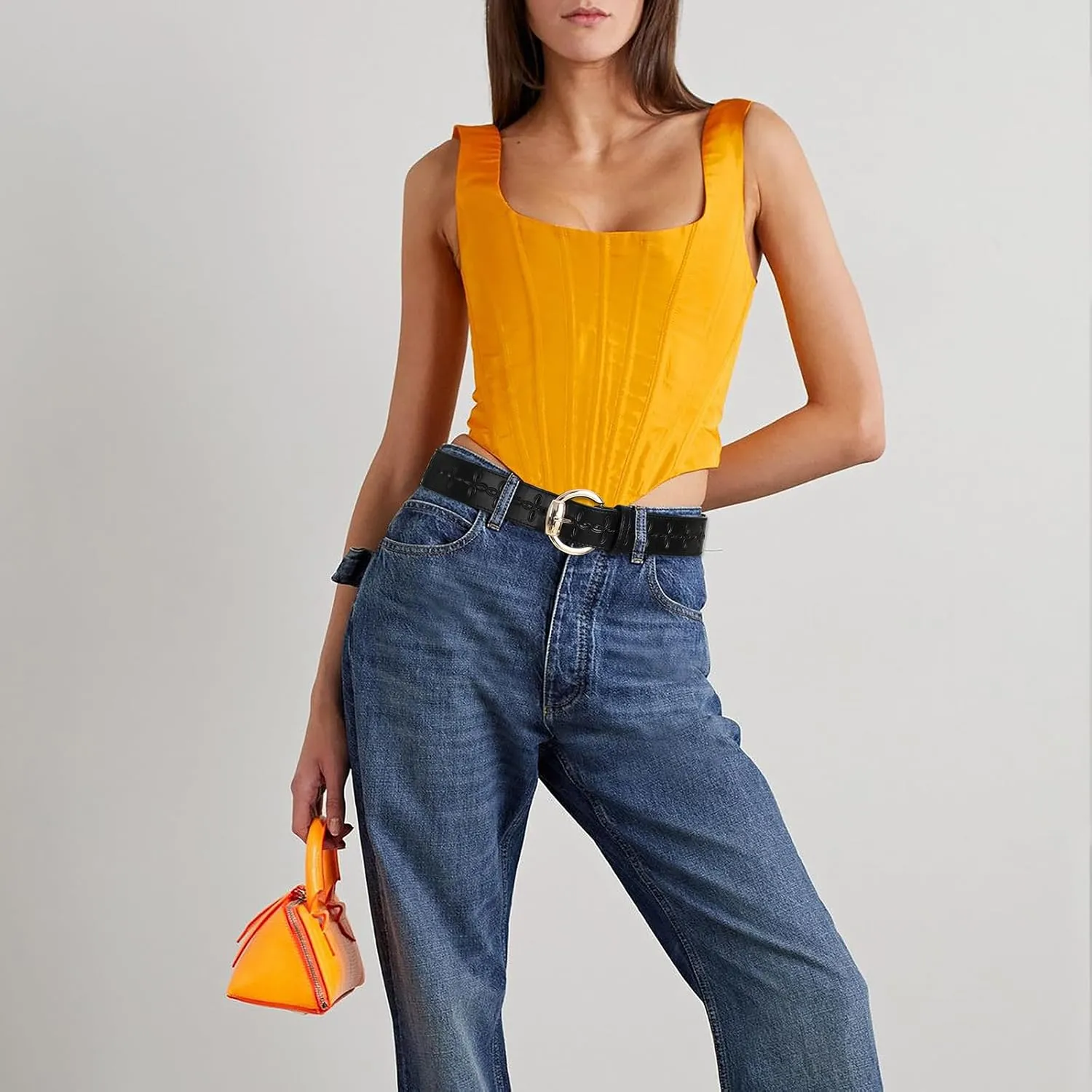 Women's Black Leather Belt with Gold Buckle Hollow Women's Belt Stylish Accessory for Dresses Skirts Jeans