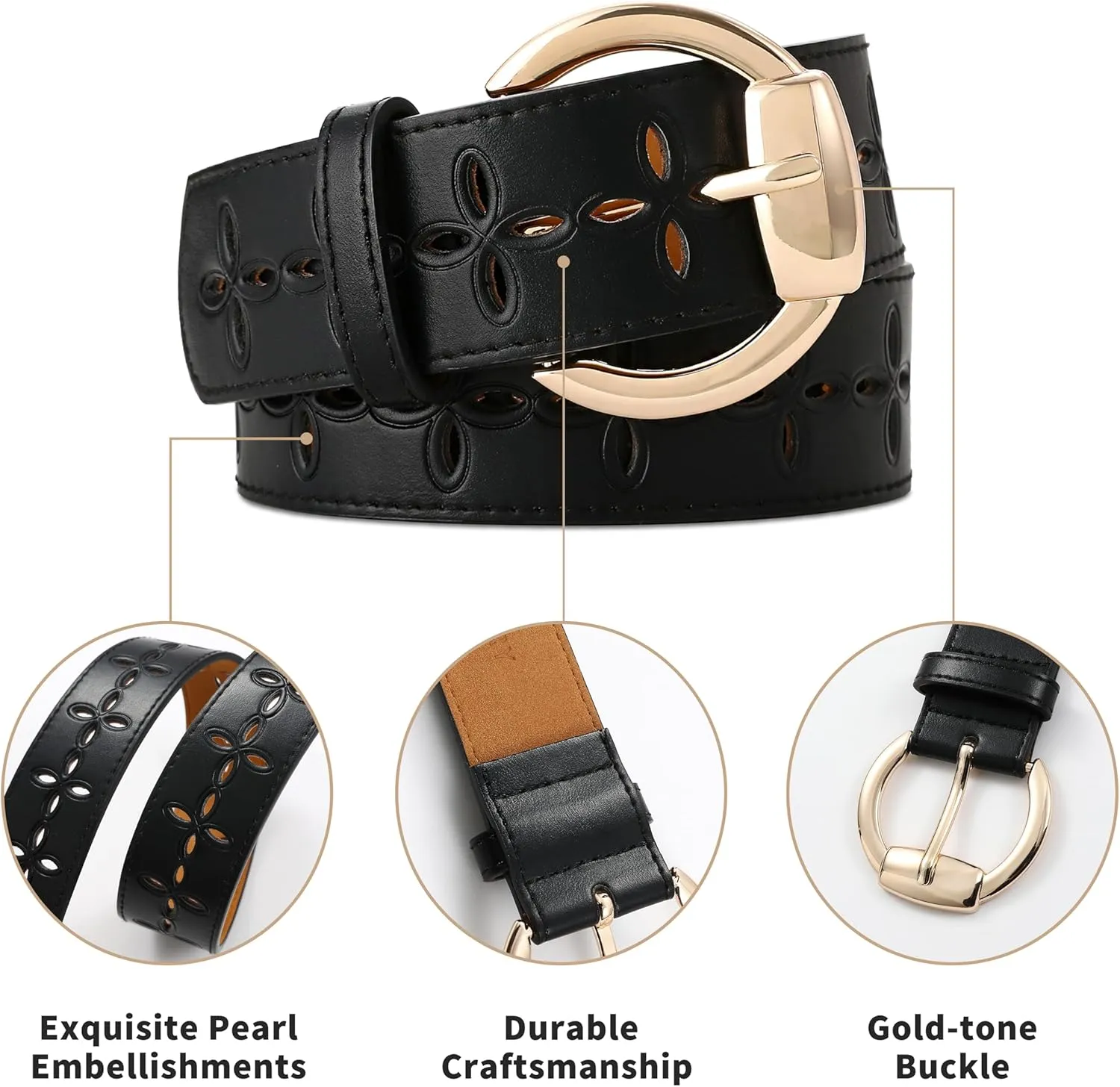 Women's Black Leather Belt with Gold Buckle Hollow Women's Belt Stylish Accessory for Dresses Skirts Jeans