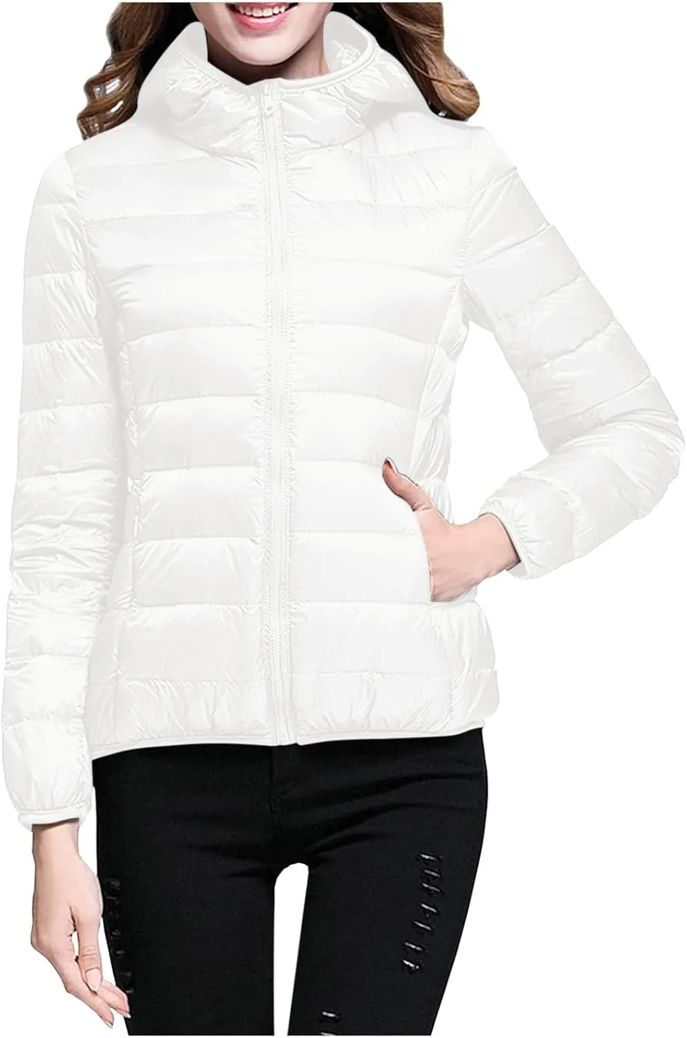 Women's Hooded Packable Ultra Light Weight Short Down Jacket Full-Zip Short Puffer Jackets
