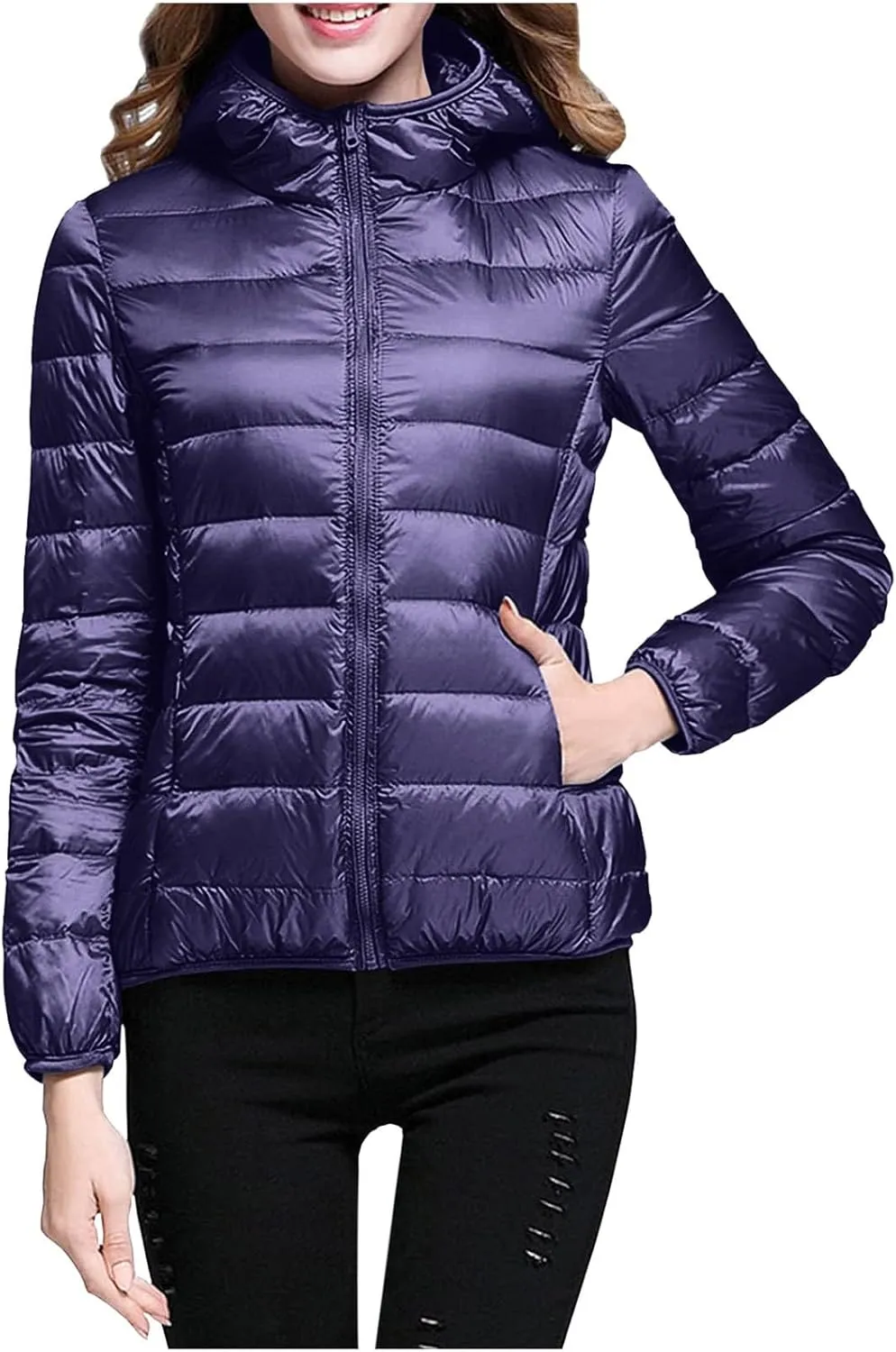 Women's Hooded Packable Ultra Light Weight Short Down Jacket Full-Zip Short Puffer Jackets