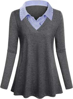 Women's Long Sleeve Contrast Collar Shirt A-line Pleated Office Tunic