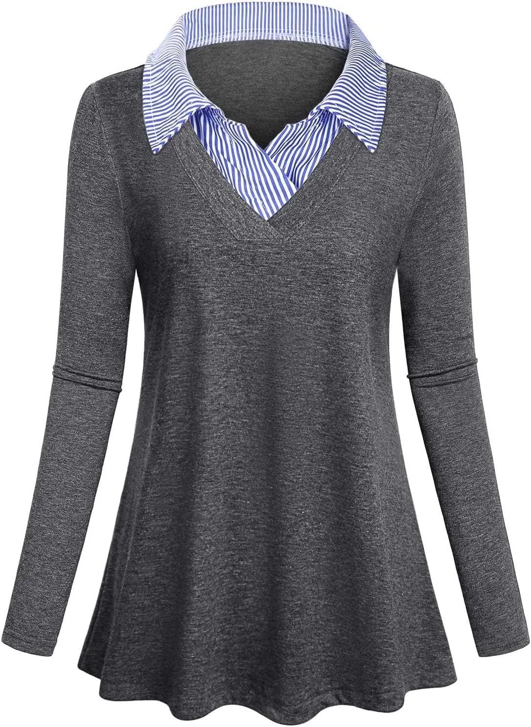 Women's Long Sleeve Contrast Collar Shirt A-line Pleated Office Tunic