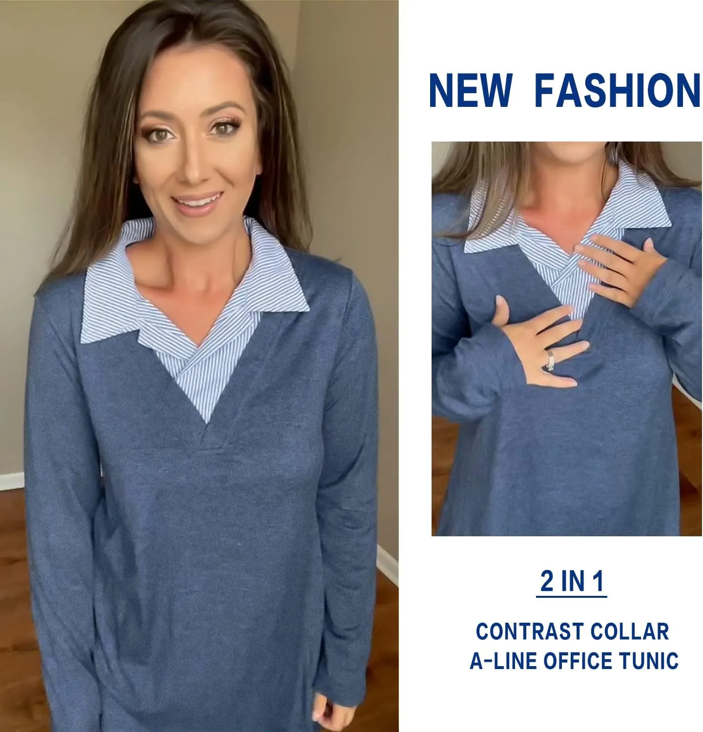 Women's Long Sleeve Contrast Collar Shirt A-line Pleated Office Tunic