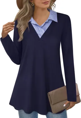 Women's Long Sleeve Contrast Collar Shirt A-line Pleated Office Tunic