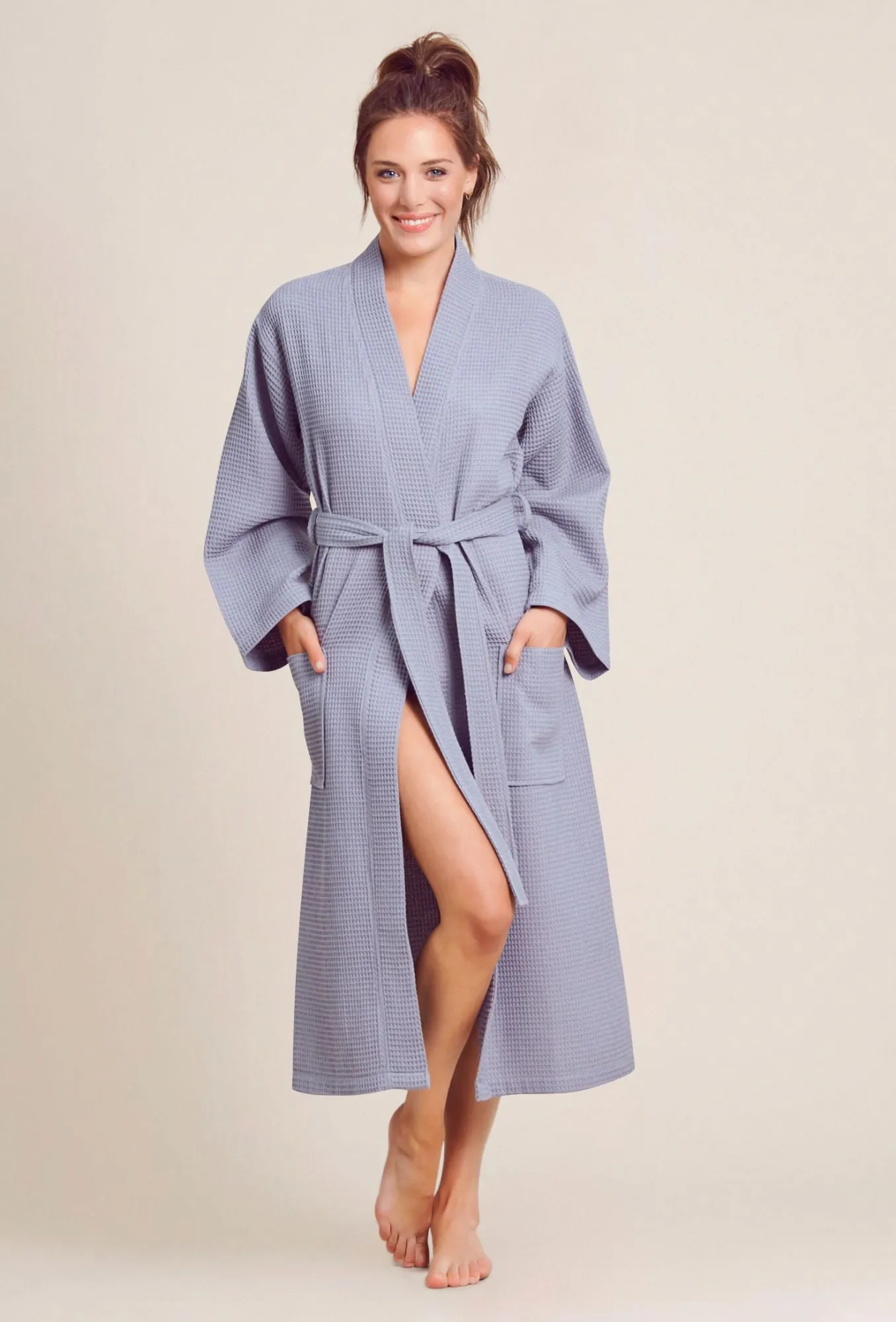 Women's Long Waffle Kimono Gray Robe