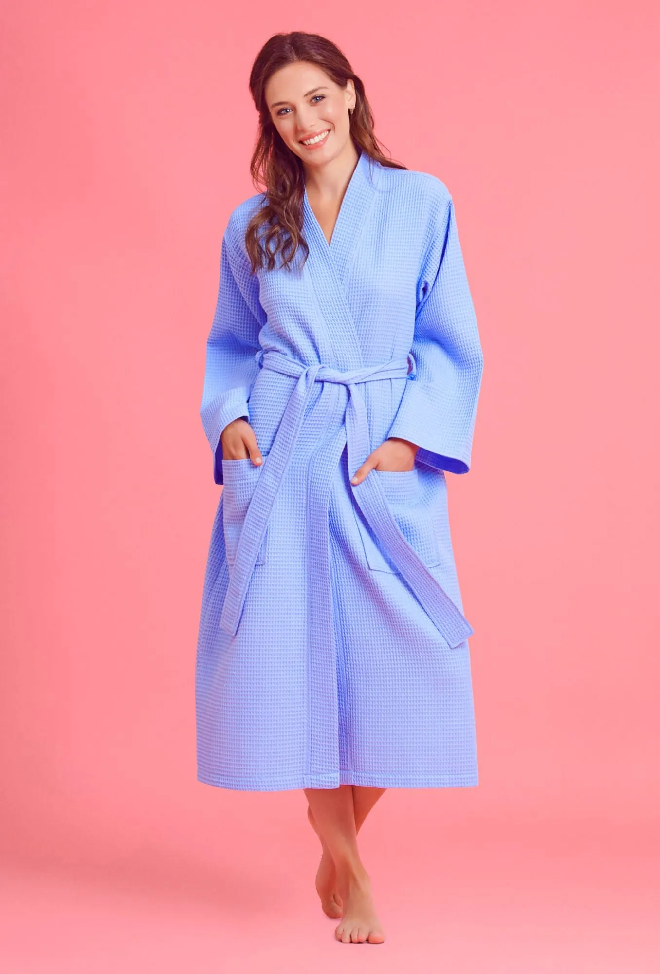 Women's Long Waffle Kimono Light Blue Robe