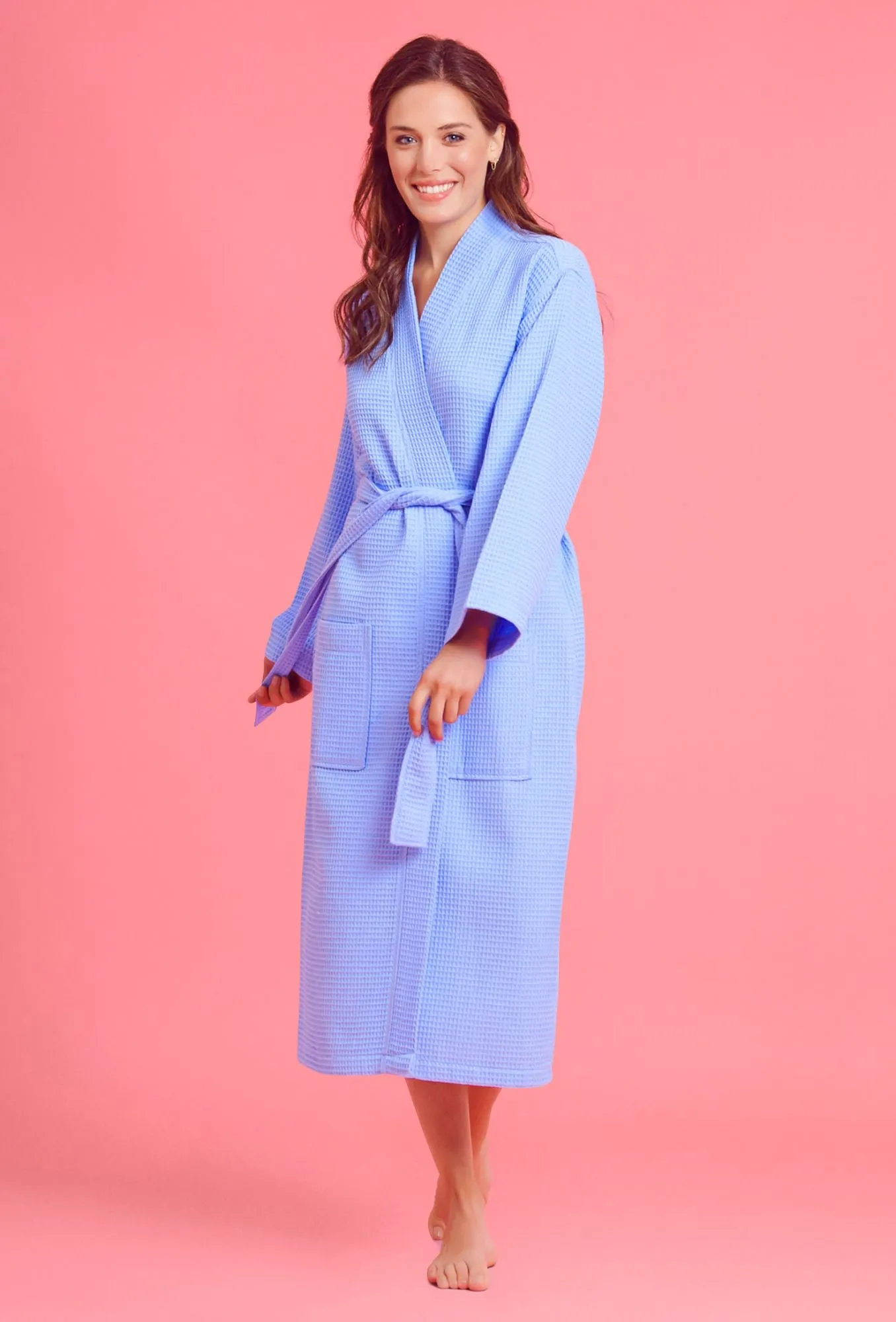 Women's Long Waffle Kimono Light Blue Robe