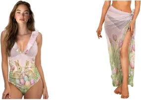 Womens One Piece Swimsuits with Sarong Coverups Ruffled Deep V Neck Bathing Suits with Bikini Cover up Beach Skirt