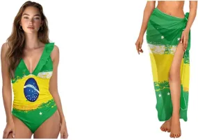 Womens One Piece Swimsuits with Sarong Coverups Ruffled Deep V Neck Bathing Suits with Bikini Cover up Beach Skirt