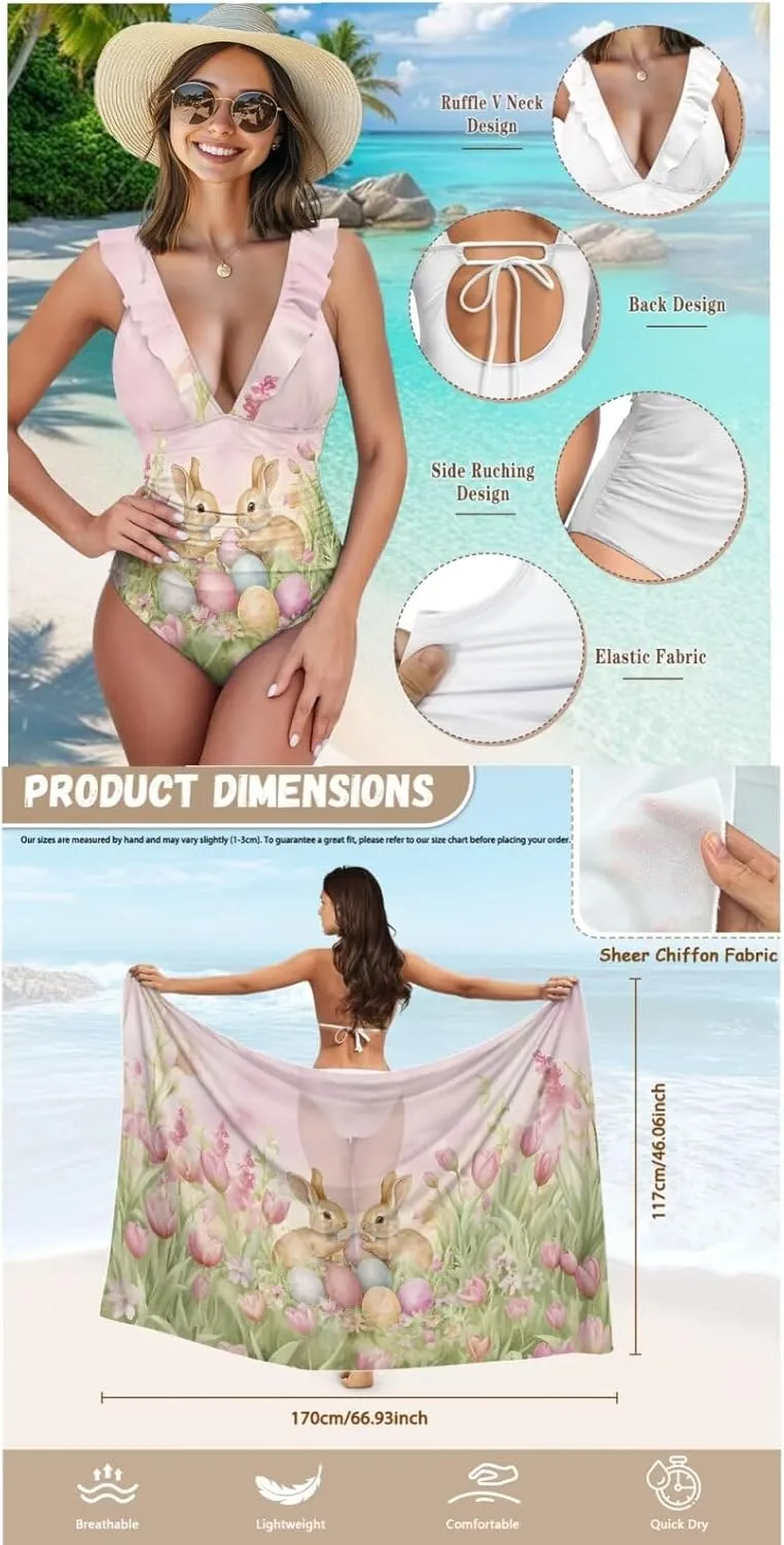 Womens One Piece Swimsuits with Sarong Coverups Ruffled Deep V Neck Bathing Suits with Bikini Cover up Beach Skirt