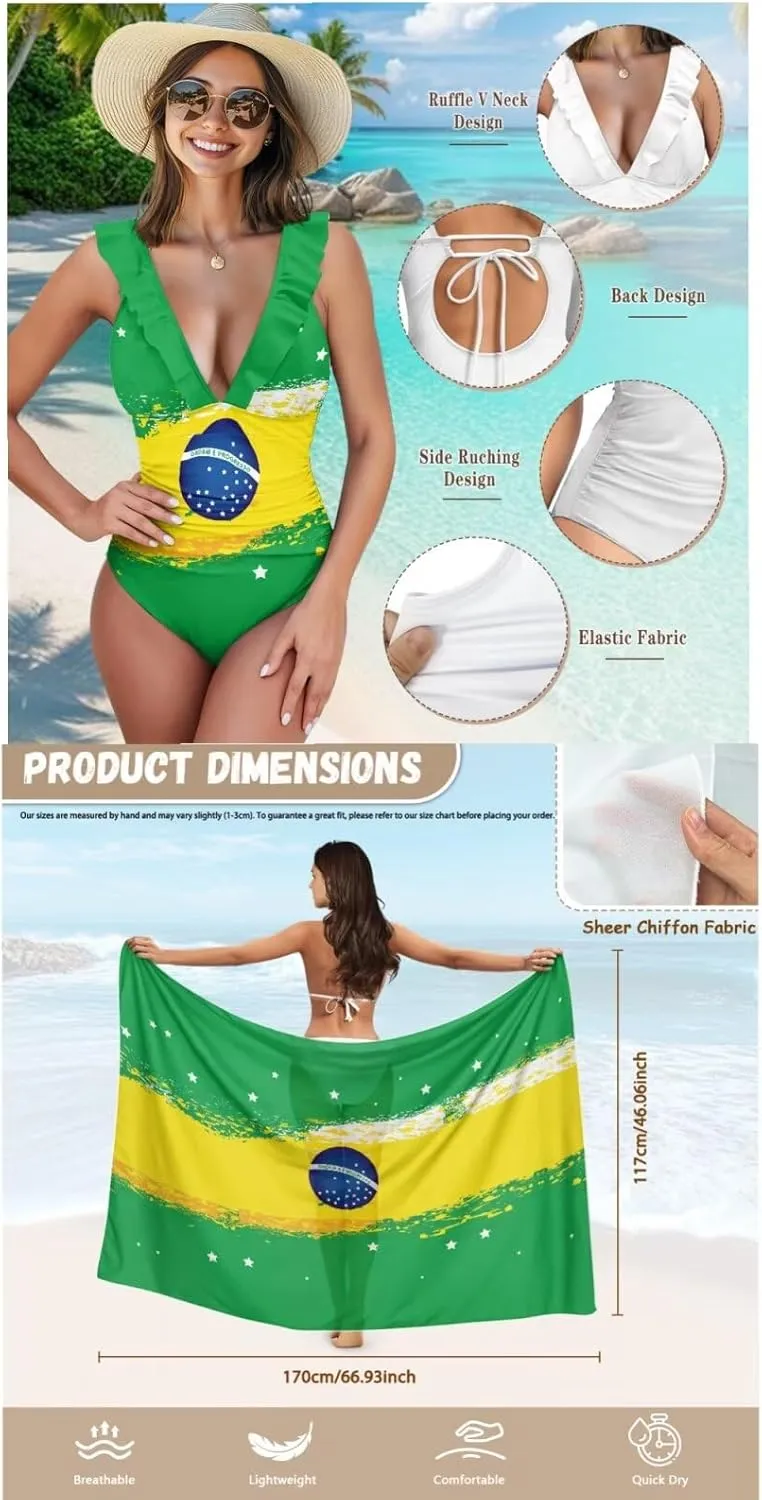 Womens One Piece Swimsuits with Sarong Coverups Ruffled Deep V Neck Bathing Suits with Bikini Cover up Beach Skirt