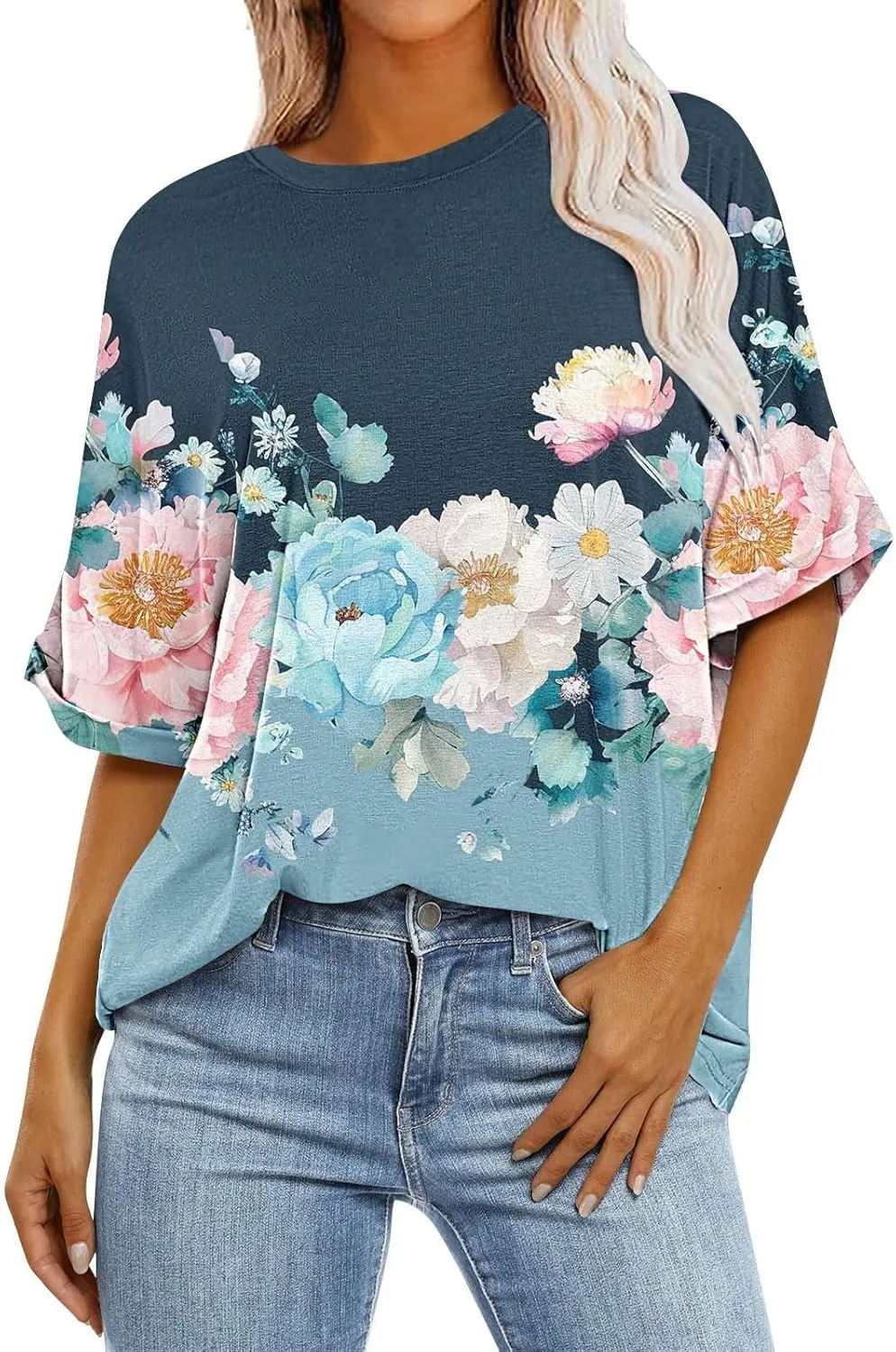 Womens Oversized T Shirts Summer Tops Boho Floral Tees Casual Loose Fit Short Sleeve Tops 2025 Beach Vacation Blouse