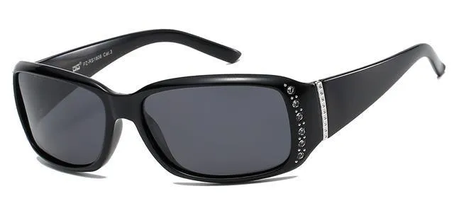 Women's Polarized Rhinestone Sunglasses Elegant Black Wrap Around UV400