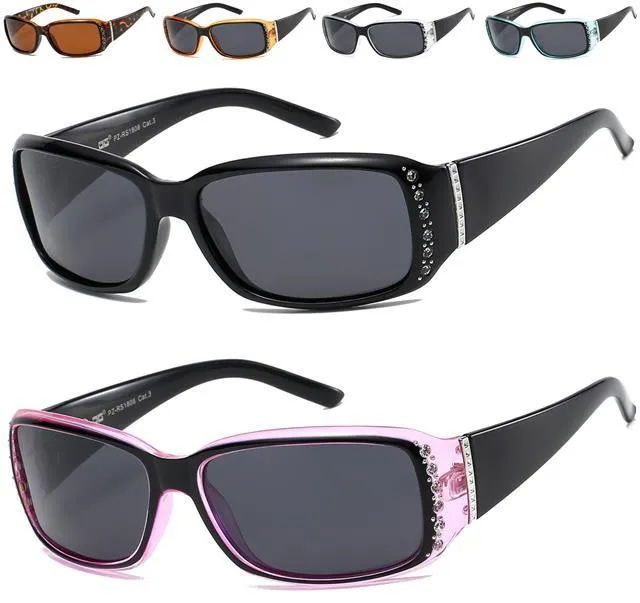 Women's Polarized Rhinestone Sunglasses Elegant Black Wrap Around UV400