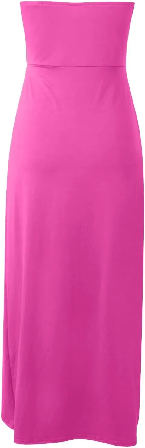 Women's Strapless Ruched High Waist Wrap Split Asymmetrical Solid Color Beach Maxi Long Dresses