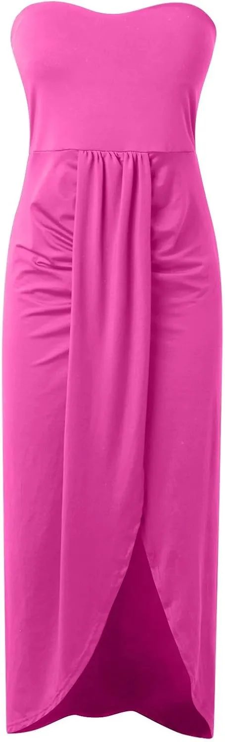 Women's Strapless Ruched High Waist Wrap Split Asymmetrical Solid Color Beach Maxi Long Dresses