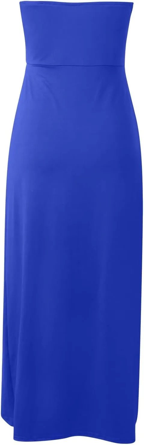 Women's Strapless Ruched High Waist Wrap Split Asymmetrical Solid Color Beach Maxi Long Dresses