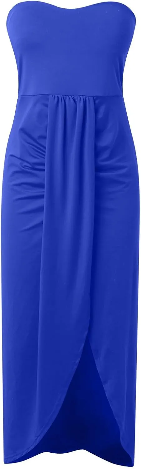Women's Strapless Ruched High Waist Wrap Split Asymmetrical Solid Color Beach Maxi Long Dresses