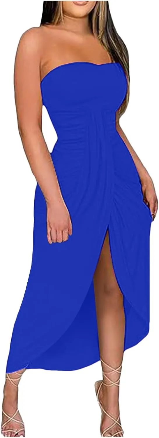 Women's Strapless Ruched High Waist Wrap Split Asymmetrical Solid Color Beach Maxi Long Dresses