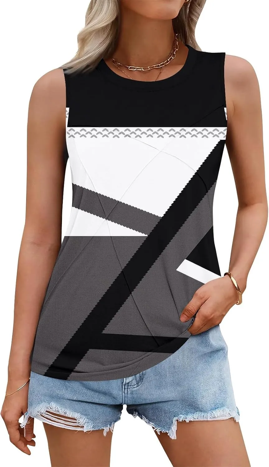 Women's Summer Tank Tops 2025 Fashion Pleated Crew Neck Floral Loose Fit Casual Sleeveless Flowy Boho Tunic Shirts