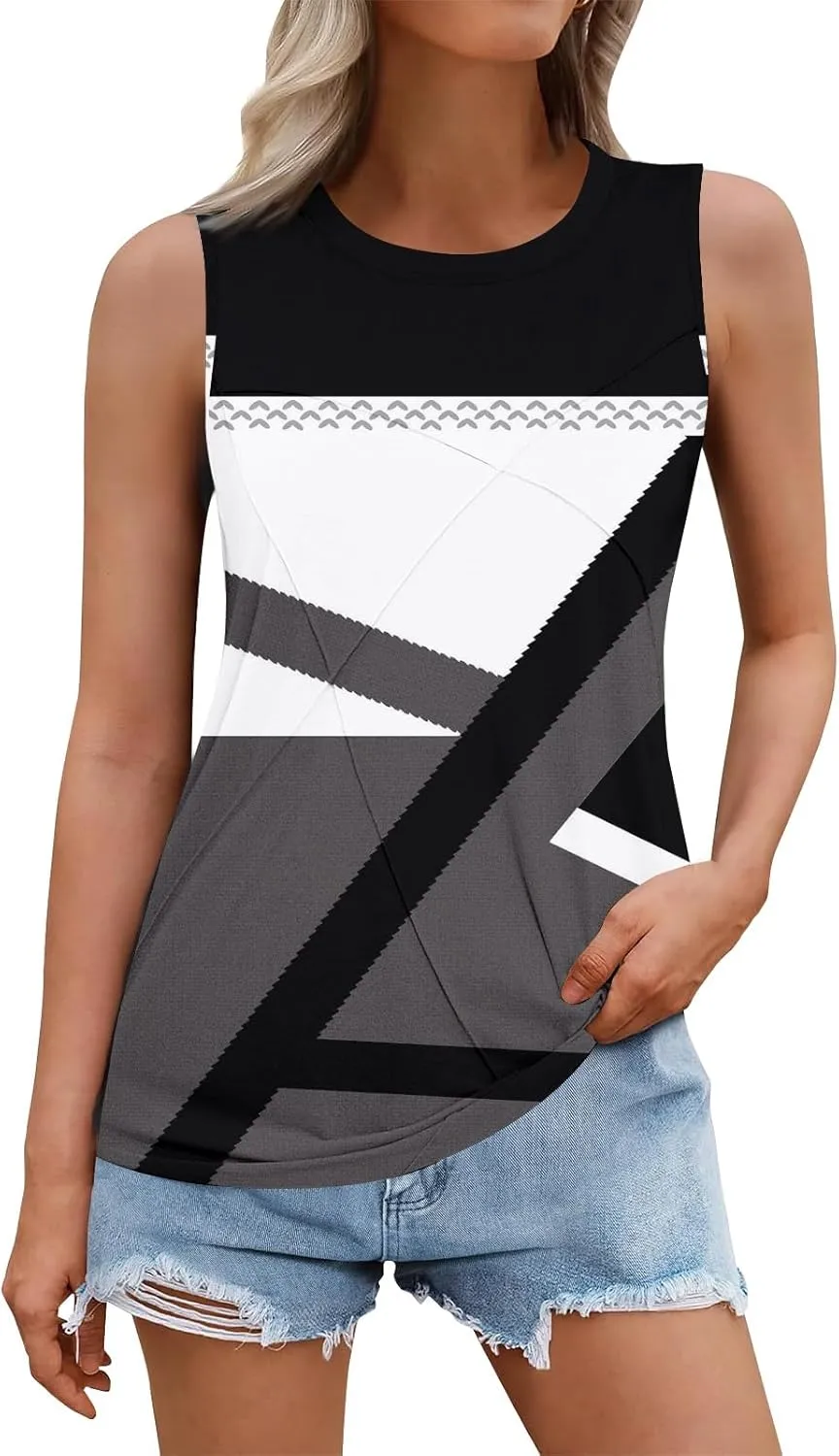 Women's Summer Tank Tops 2025 Fashion Pleated Crew Neck Floral Loose Fit Casual Sleeveless Flowy Boho Tunic Shirts
