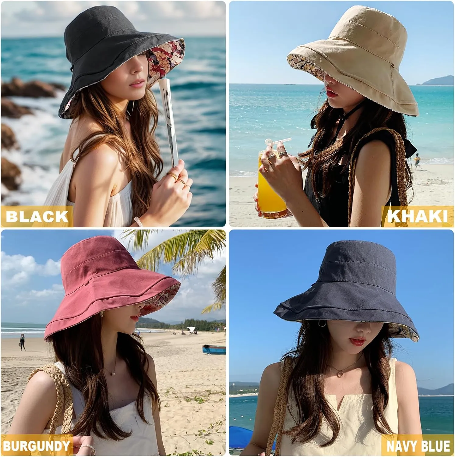 Women's Wide Brim Sun Hats UV Protection - Reversible Bucket Hat Foldable Beach Hat with Chin Strap Summer Hat for Travel