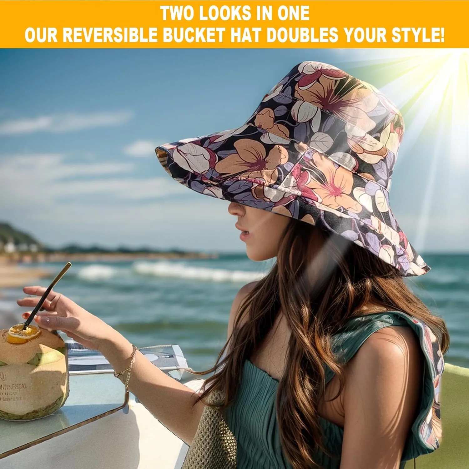 Women's Wide Brim Sun Hats UV Protection - Reversible Bucket Hat Foldable Beach Hat with Chin Strap Summer Hat for Travel