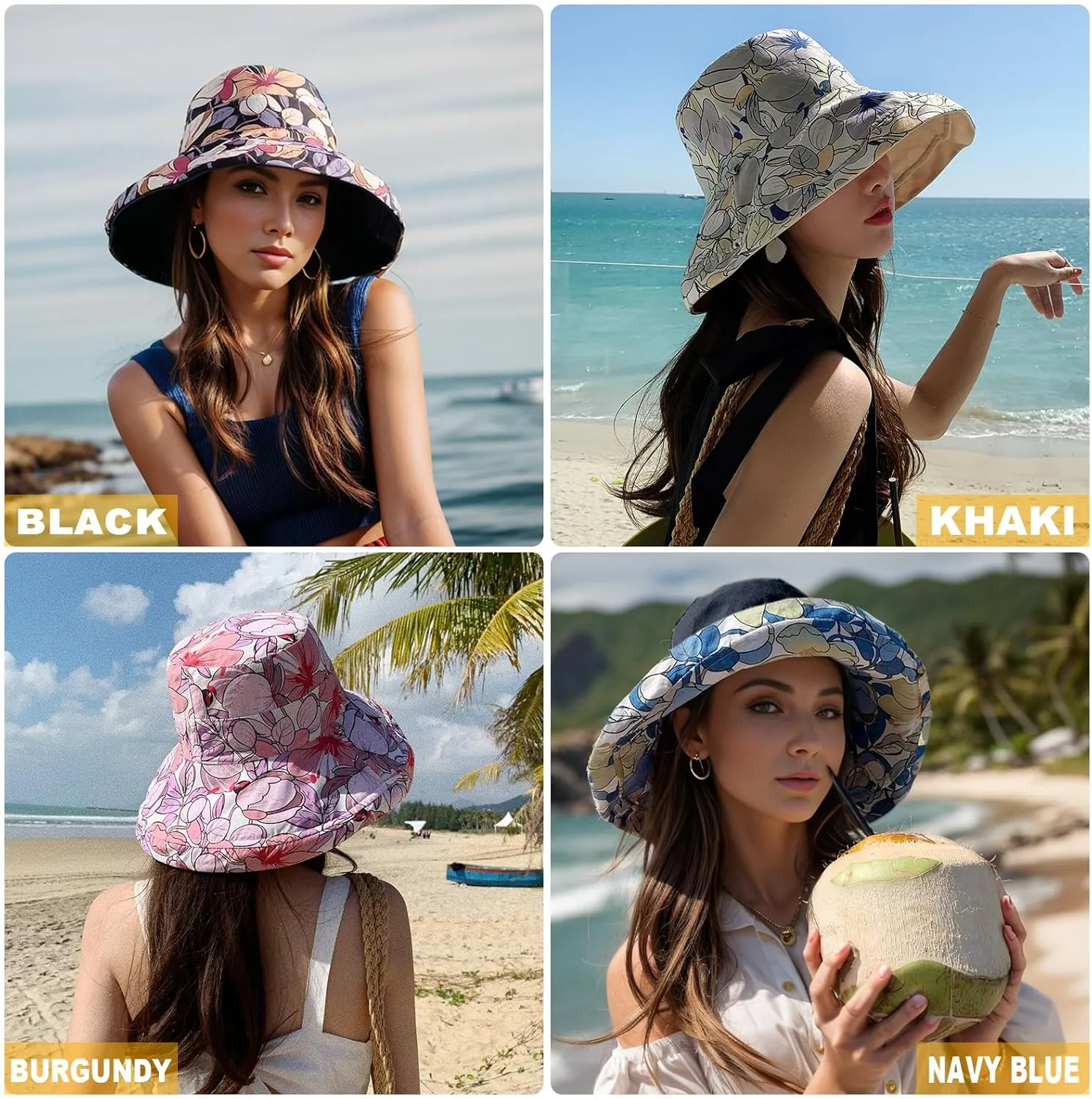 Women's Wide Brim Sun Hats UV Protection - Reversible Bucket Hat Foldable Beach Hat with Chin Strap Summer Hat for Travel